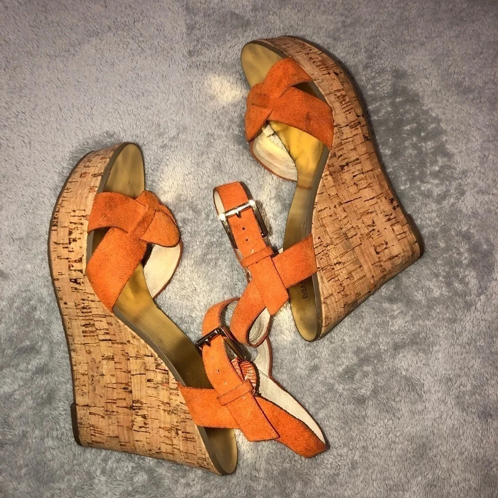 MICHAEL Michael Kors Orange Suede Amber Cork Wedge Ankle Strap Sandals